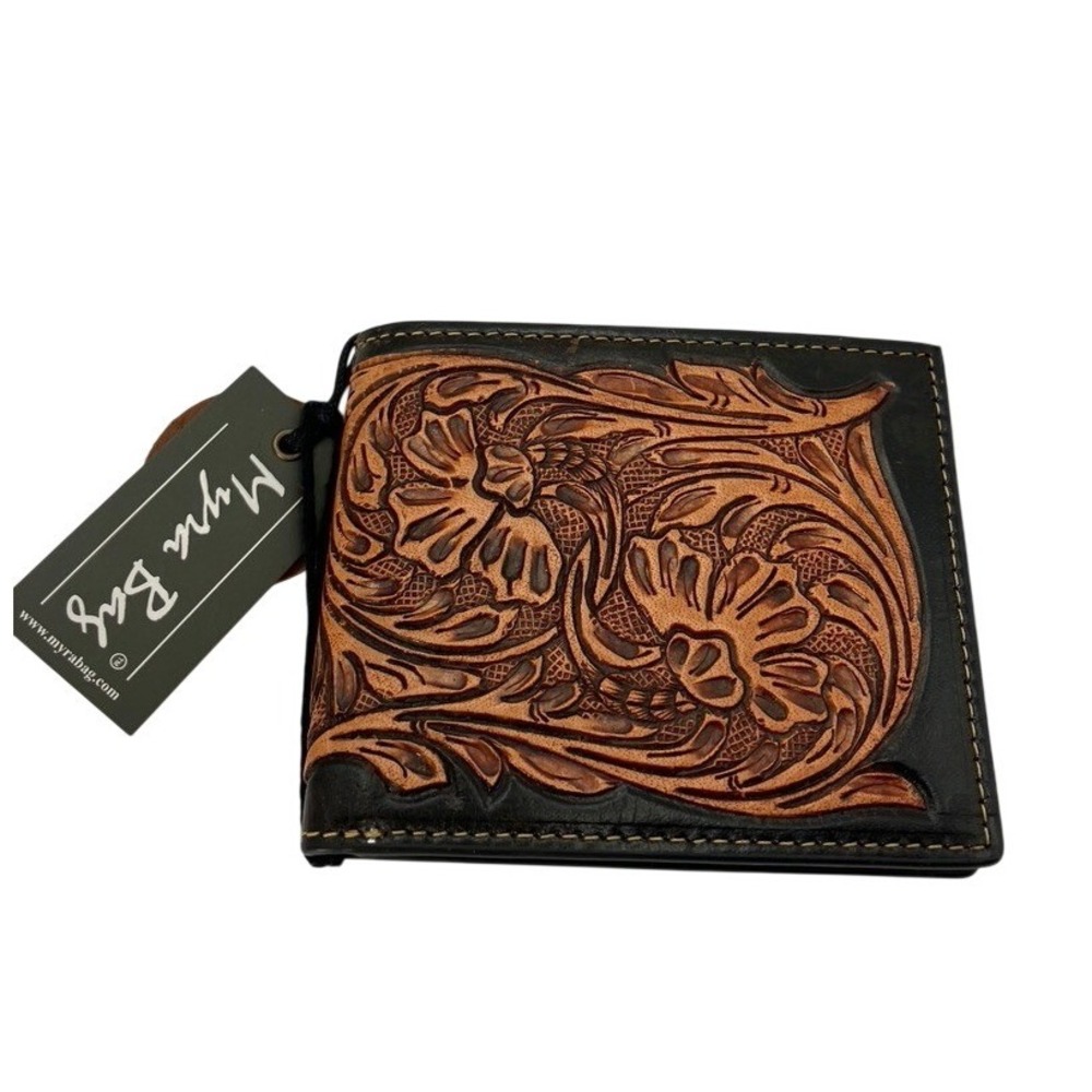 Myra Bag Paradise Mens Wallet Black Brown Tooled Leather‎ RFID Bifold S-6586 NEW